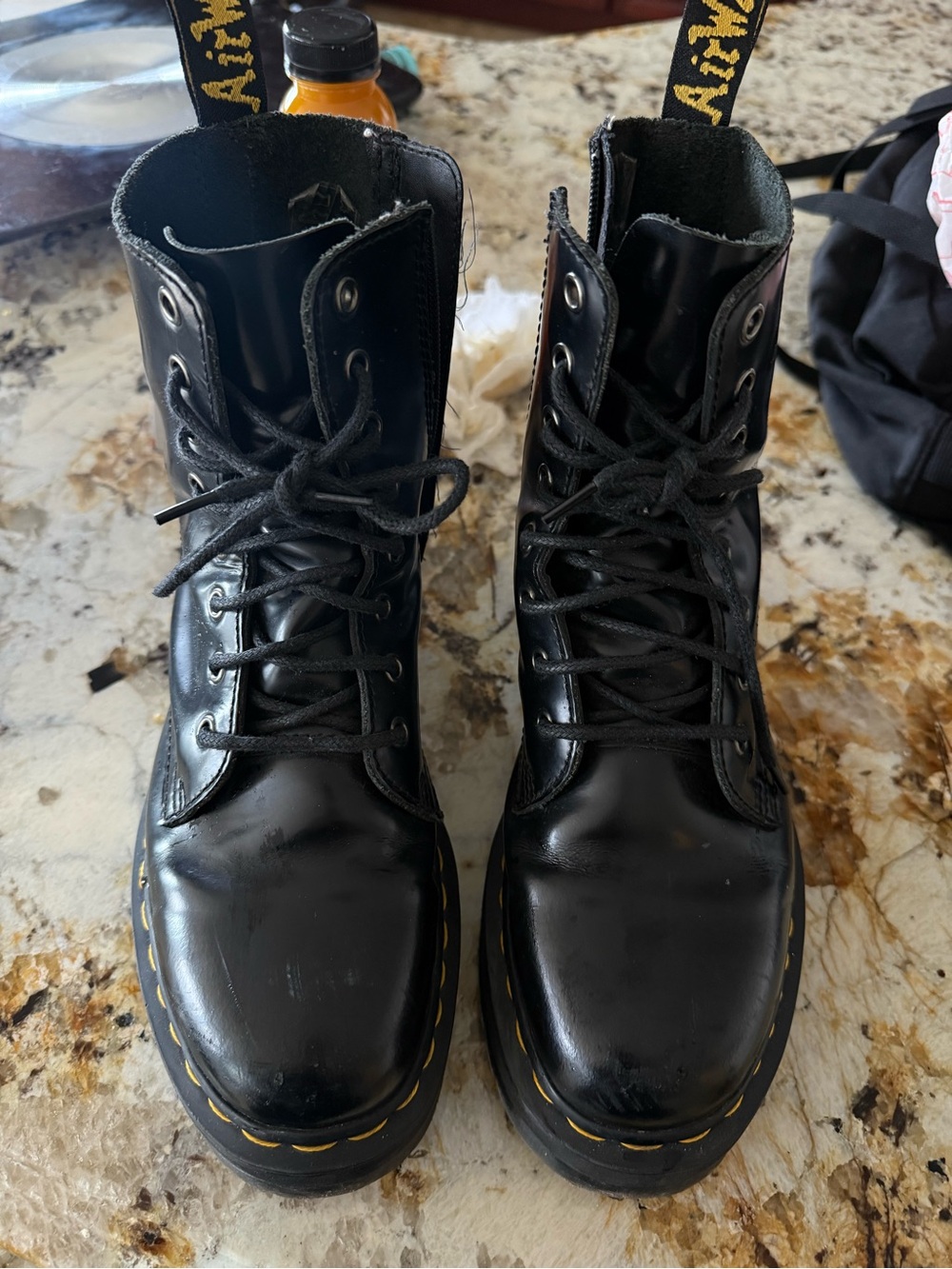 Dr. Martens Black Leather Lace-Up Combat Boots with Yellow Stitching